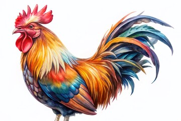 Fototapeta premium Vibrant Watercolor Rooster Illustration, Isolated on White Background - Perfect for Design Projects
