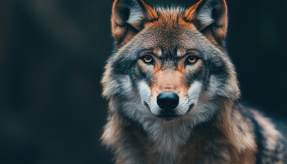 Obraz premium Majestic wolf with piercing eyes, showcasing its wild beauty and strength. This captivating creature embodies spirit of nature and mysteries of wilderness