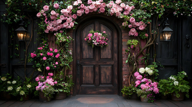 Pink roses adorn arched doorway; garden backdrop