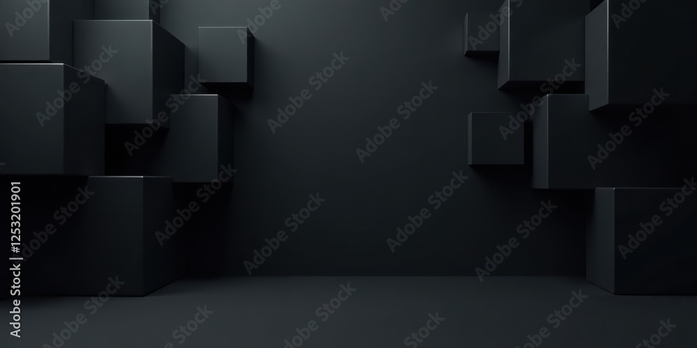 Poster abstract dark room with asymmetrical cube arrangement forming a dramatic and stylish background