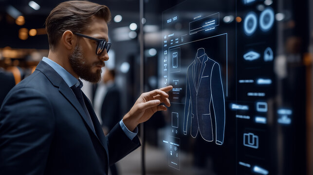 Businessman using interactive touchscreen choosing suit in futuristic clothing store - Powered by Adobe