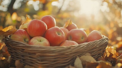Harvesting vibrant organic apples in a woven basket surrounded by autumn leaves. Generative AI