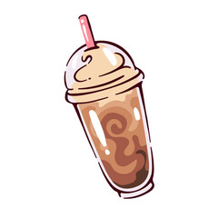 Plastic cartoon cup with coffee cocktail, dome cap and straw. Funny takeaway cup with layers of beverage, whipped cream swirl. Summer dessert mascot, cartoon cute coffee with milk vector illustration