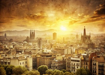 Obraz premium Vintage Barcelona Skyline T-Shirt Design: Grunge Cityscape Print