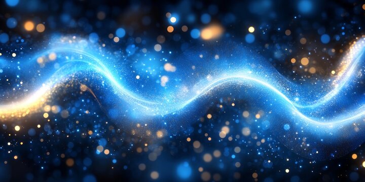 Abstract Waving Neon Blue And Golden Glowing Lines With Glitter Dust On Dark Background