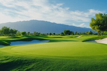scenic view of golf course in US, featuring lush green fairways, sand traps, and backdrop of mountains under clear blue sky
