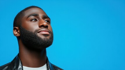 A man with a beard and a black jacket is looking up at the sky. Concept of contemplation and introspection