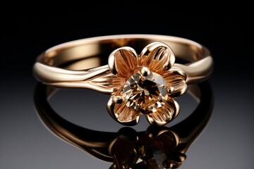 Fototapeta premium Delicate handcrafted rose gold ring with floral design and sparkling stone. Generative AI