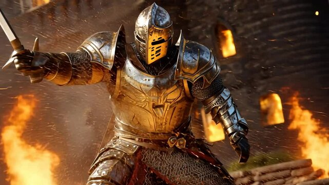Knight in Fiery Siege: A valiant knight, clad in shining golden and steel armor, stands defiantly amidst a fiery siege, sword drawn, in a dramatic scene of medieval warfare. 