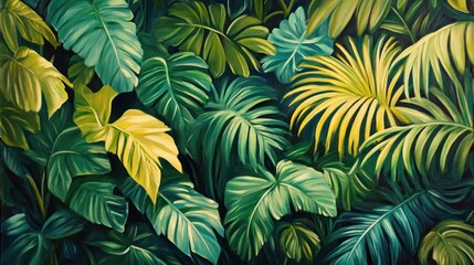 Naklejka premium Lush Tropical Foliage: A Vibrant Green and Yellow Oasis