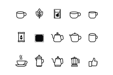 Coffee and Tea Icons – Flat Line Vector Set with Cups, Teapots  More