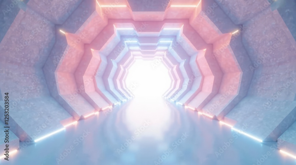 Poster Futuristic Hexagonal Tunnel with Glowing Neon Lights and Reflective Floor A Vision of Modern Architectural Design