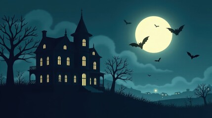 Fototapeta premium Mysterious Mansion on a Hilltop under a Full Moon with Bats Flying