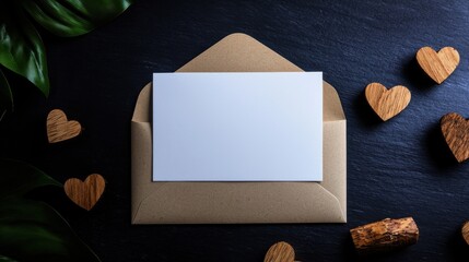 Fototapeta premium Elegant mockup with a blank card on a brown envelope surrounded by wooden hearts, perfect for invitations or love-themed designs.