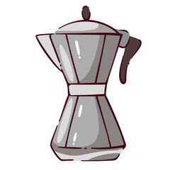 Silver cartoon moka pot for coffee brewing. Funny retro Italian coffeemaker for home and restaurant. Kitchen equipment mascot, cartoon cute coffeepot to make hot drink on gas stove vector illustration
