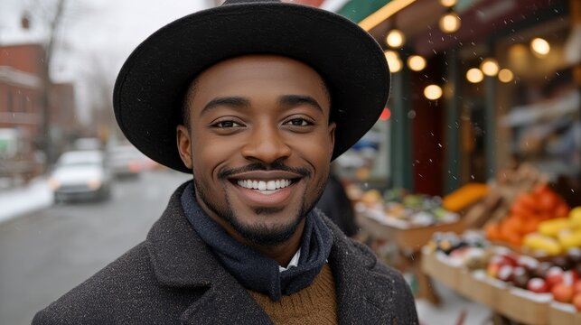 A man wearing a black hat and a black coat is smiling at the camera. He is standing in front of a fruit stand