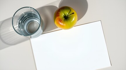 fast weight loss plans, water diet, no food only water, mockup, copy space, Fresh green apple and a glass of water next to a blank sheet of paper on a table
