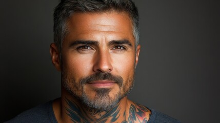 Fototapeta premium A man with a beard and tattoos on his neck and arm is smiling. He has a beard and is wearing a black shirt