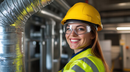 woman smiling in safety helmet and goggles, working in ventilation system. She wears high visibility jacket, showcasing her role in technical environment