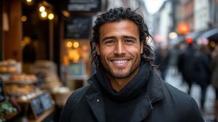 Fototapeta premium A man with a beard and long hair is smiling in front of a store. He is wearing a black coat and scarf