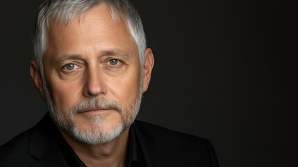 Fototapeta premium A man with a beard and gray hair is wearing a black suit and looking at the camera. Concept of professionalism and confidence