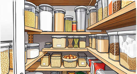 categorized items, Illustration of a well-organized pantry with categorized items in labeled jars and containers