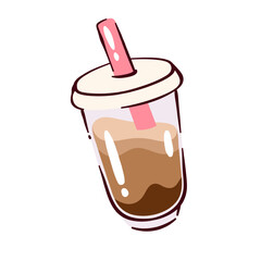 Plastic cartoon cup with coffee cold drink and straw. Funny transparent container with flat lid and milkshake, chocolate. Drink mascot, cartoon cute package of coffee with milk vector illustration
