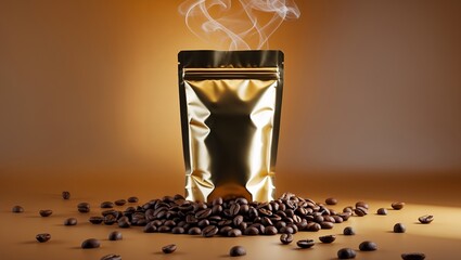 Coffee Packaging with Steam. This image showcases a golden stand-up pouch, designed for coffee packaging