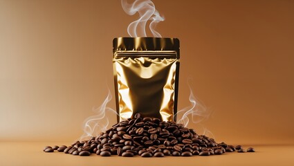 Coffee Packaging with Steam. This image showcases a golden stand-up pouch, designed for coffee packaging
