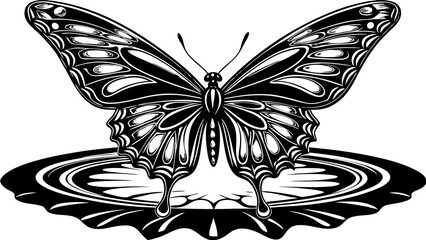 Intricate black and white butterfly illustration, detailed wing patterns, symmetrical design, reflective water surfac