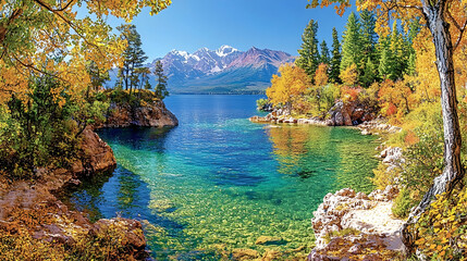 Autumn lake, mountain vista, clear water, fall foliage, scenic postcard