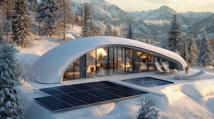 An AI-created image of a winter home's roof with solar panels blanketed in snow, representing residential clean energy