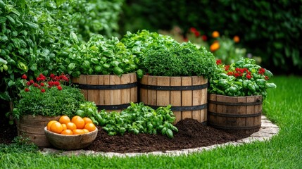 A vibrant garden scene featuring wooden barrels filled with fresh herbs and colorful flowers, surrounded by lush green grass, , symbolize sustainability and zero waste lifestyle.