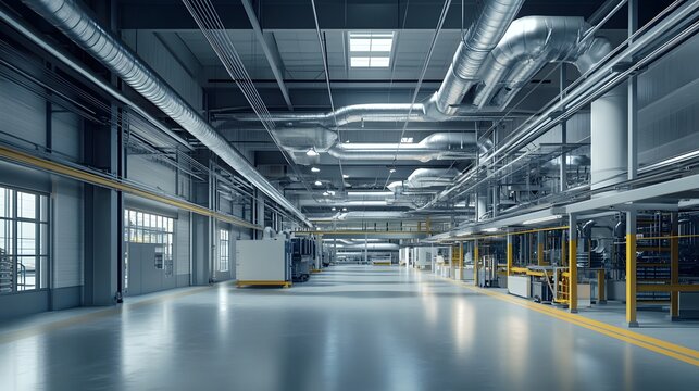 Tech-Driven Industrial Plant: Spacious Facility with Air Ducts, Pipes, and Open Work Areas
