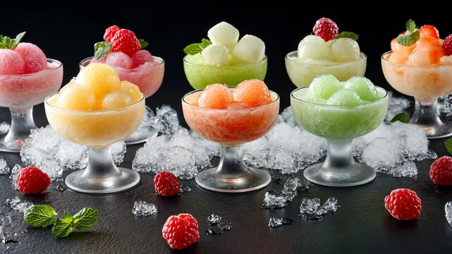 Colorful fruit sorbets served in elegant glass cups surrounded by ice and fresh mint