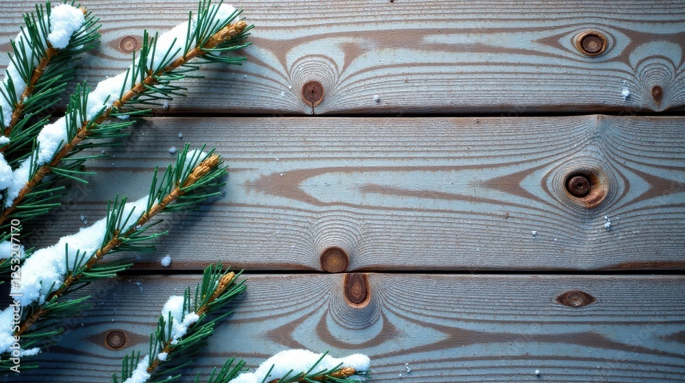 Poster winter wonderland snow-dusted pine branches resting on a weathered wooden surface, creating a festiv