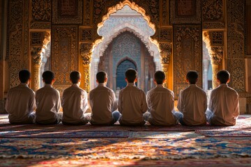 group of young Muslim men sit cross legged in mosque discussing religious teachings after prayer warm lights enjoying peaceful atmosphere.