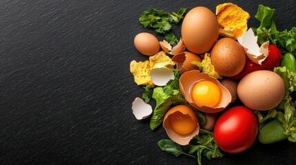 A colorful assortment of eggs, including whole and cracked, surrounded by fresh greens and scattered eggshells on a dark surface, , symbolize sustainability and zero waste lifestyle.