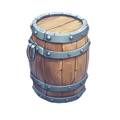 A detailed illustration of a wooden barrel, featuring metal bands and a rustic finish. Ideal for designs related to beverages, storage, or vintage themes.