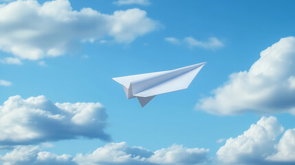 Fototapeta premium paper airplane glides gracefully through bright blue sky filled with fluffy clouds, evoking sense of freedom and imagination