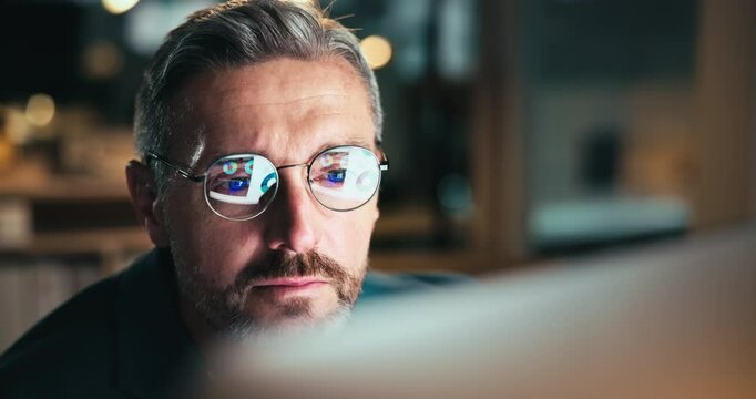 Man, night and computer reflection in glasses, chief financial officer and online for statistics. Budget, review and digital graphs for expenses report in workplace, investment feedback and website