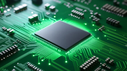close up shot of green PCB board featuring intricate circuitry and central microchip, showcasing complexity and technology of modern electronics