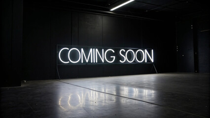 "A minimalist neon 'Coming Soon' sign in bright white, standing out sharply against a completely black background with a subtle glow effect."