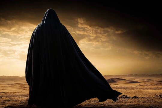 man dressed in dark blue jubba and taqiyah cap stands in open desert. wind flows softly lifting fabric of his robe against dramatic evening sky.