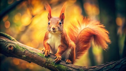 Vintage Photo: Red Squirrel on Branch, Stromovka Park, Prague
