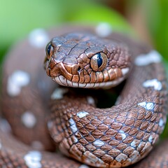 Fototapeta premium Close-Up of a Coiled Brown Snake with White Spots in Lush Green Background