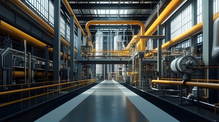 Fototapeta premium Next-Gen Production Facility: A Large Industrial Hall with Modern Machinery and Pipe Networks