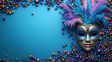 Festive masquerade mask with vibrant feathers and shimmering beads on a turquoise backdrop
