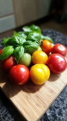Colorful tomatoes, basil, wooden board.