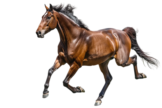 Joyful bay horse cantering freely in an open field isolated on transparent background